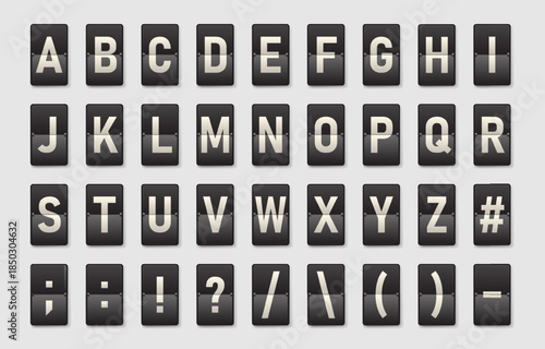 Vector set of retro flipboard alphabet letters and symbols in airport departure board style, mechanical split flap typography collection for travel displays, signage, UI and graphic design