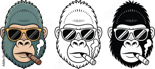 Gorilla wearing stylish sunglasses with a cigar in its mouth silhouette & Outline and illustration set isolated on transparent background