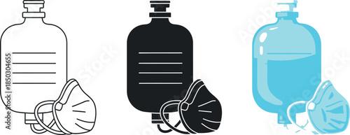 Medical infusion bag and respirator mask icons representing healthcare and protection isolated on white background