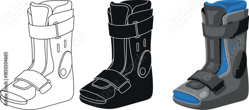Set of medical walking boots outline silhouette and color vector illustrations for injury recovery and orthopedic care