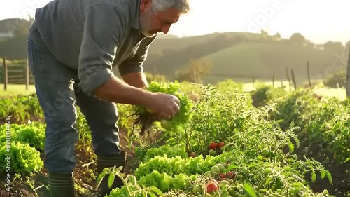 Farmer harvesting tomatoes in vegetable garden.