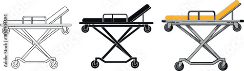 Collection of medical stretchers in different styles including outline black and white and color representing emergency transport and healthcare equipment