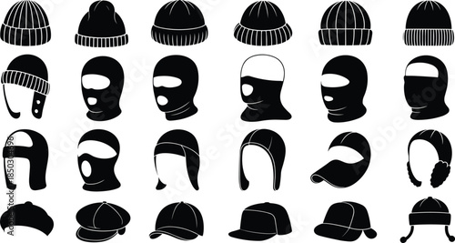 Headwear silhouette illustration, black and white sketch, beanie, balaclava, trapper hat, baseball cap, beret, fashion, winter, art