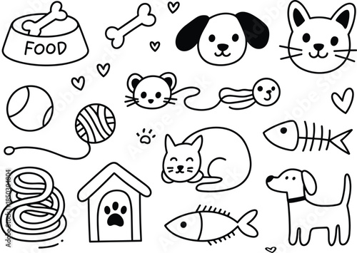 Pet cartoon illustration, black and white drawing, dog, cat, fish, mouse, pet care items, playful sketch, animal theme, art