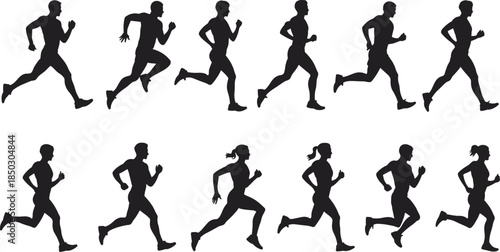 Running silhouette illustration, black and white sketch, athletic motion, male female runners, dynamic pose, sport, training, movement, form, art