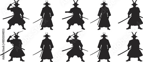 Samurai silhouette illustration, black and white sketch, warrior poses, sword stance, armor, helmet, traditional combat, Japanese art