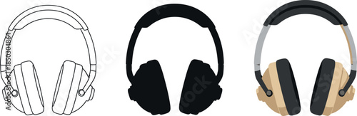 Collection of headphone illustrations including outline silhouette and detailed vector designs perfect for audio concepts and music applications