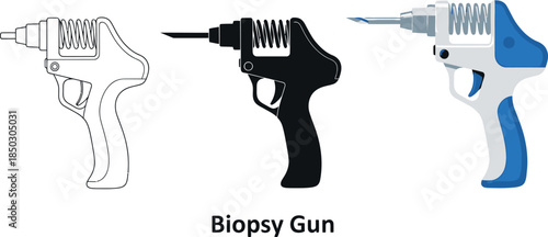 Collection of biopsy gun illustrations showing outline solid black and colored versions for medical use isolated on white background