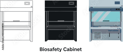 Collection of biosafety cabinet illustrations including outline silhouette and detailed vector graphics for laboratory and medical use
