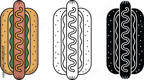 Hot dog silhouette & Outline and illustration set isolated on transparent background