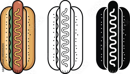Hot dog silhouette & Outline and illustration set isolated on transparent background