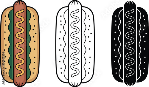 Hot dog silhouette & Outline and illustration set isolated on transparent background