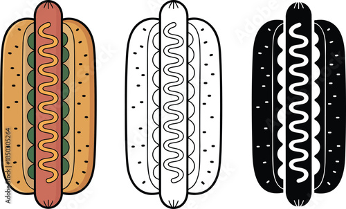 Hot dog silhouette & Outline and illustration set isolated on transparent background