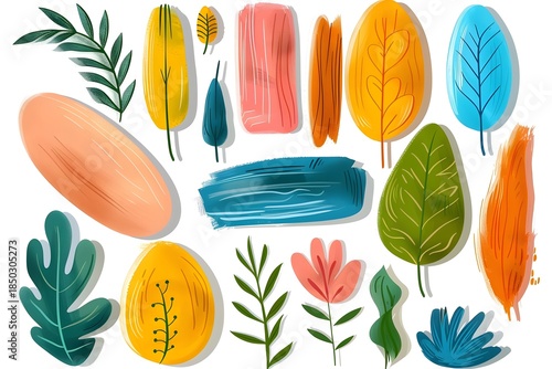 Colorful watercolor illustration featuring various leaves, flowers, and abstract shapes, showcasing vibrant hues and organic forms for artistic design and creative projects