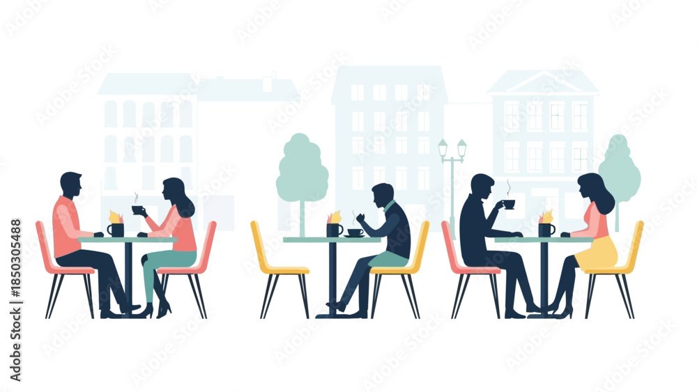 Obraz premium Illustration of people sitting at tables eating and drinking in a city setting with a minimalist style and pastel color palette.