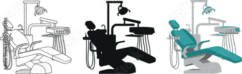 Set of dental chair icons in outline silhouette and color representing modern dental equipment for clinics and healthcare concepts