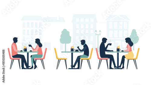 Illustration of people sitting at tables eating and drinking in a city setting with a minimalist style and pastel color palette.