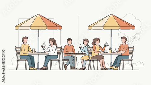 Illustration of people sitting at outdoor tables under colorful umbrellas in a casual dining setting with a light and airy mood.