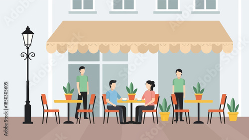 Illustration of people sitting at outdoor cafe tables with awning, street lamp, and plants in a daytime setting.