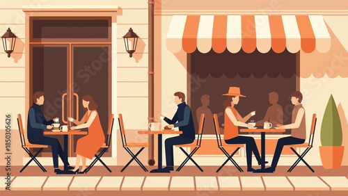 Illustration of people sitting at outdoor cafe tables in front of a restaurant with a striped awning and warm color tones.