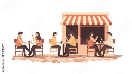 Illustration of people sitting at tables outside a cafe with a striped awning on a white background.