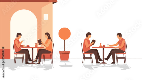 Illustration of people sitting at tables outside a building with a potted tree, using digital devices in a minimalist style with warm orange tones.