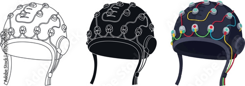 Set of EEG caps with electrodes and wires vector illustrations for neuroscience research and brainwave monitoring isolated on white
