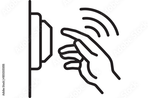 Finger pressing button with signal waves minimalist line art on transparent background silhouette