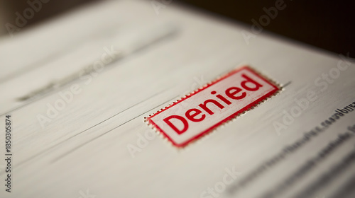 A stark 'Denied' stamp dominates an official document, symbolizing rejection and closed doors. The red ink conveys a clear, unfavorable verdict, impacting potential outcomes.