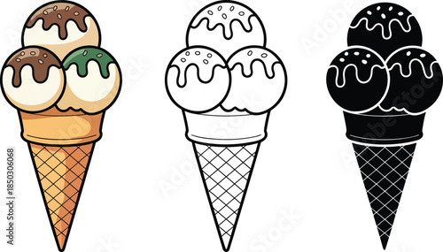 Ice cream silhouette & Outline and illustration set isolated on transparent background