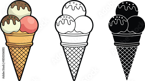 Ice cream silhouette & Outline and illustration set isolated on transparent background