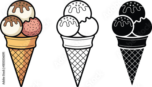Ice cream silhouette & Outline and illustration set isolated on transparent background