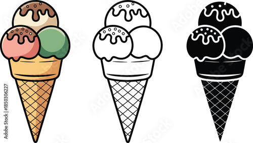 Ice cream silhouette & Outline and illustration set isolated on transparent background