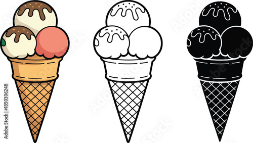 Ice cream silhouette & Outline and illustration set isolated on transparent background