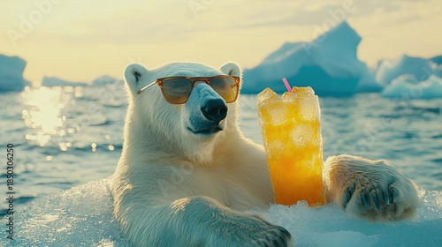 Chill Polar Bear Enjoying Refreshing Drink on Iceberg in Summer