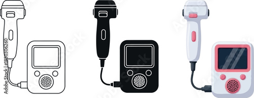 Set of ultrasound probes and portable diagnostic devices medical equipment icons in outline silhouette and color vector illustration for healthcare technology