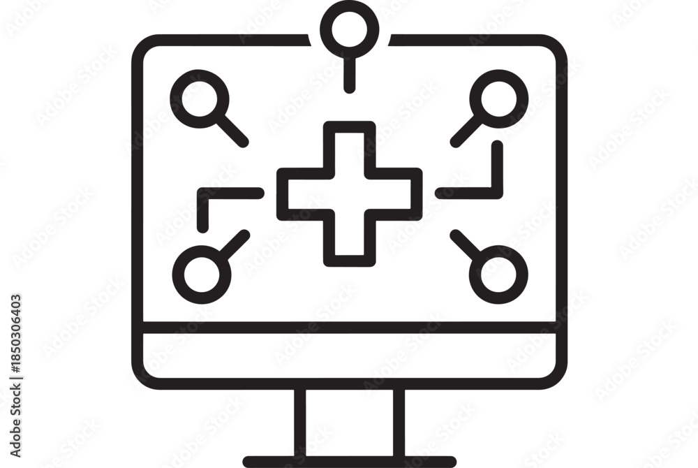 Obraz premium Medical monitor with a cross symbol and search icons on transparent background silhouette