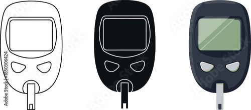Set of three glucose meter icons representing different styles for diabetes monitoring and health care applications isolated on white
