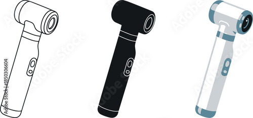 Collection of otoscope icons in outline silhouette and flat design medical diagnostic tool for ear examination isolated on white background