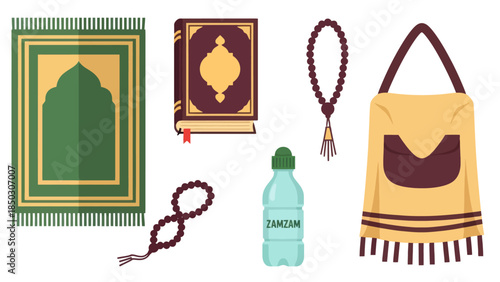 Islamic prayer mat, holy book, prayer beads, water bottle, and prayer bag, essential items for a Muslim's spiritual journey