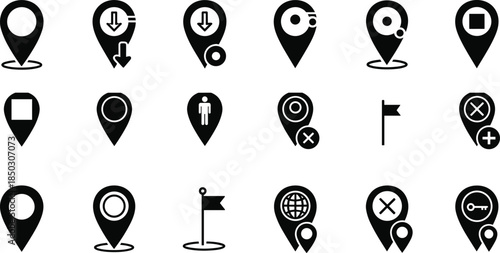 ector icon set of location pins and map symbols, black and white minimal design for navigationector icon set of location pins and map symbols, black and white minimal design for navigation
