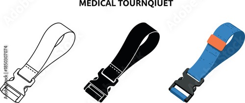 Collection of medical tourniquet icons simple flat vector illustrations for emergency medical services and first aid isolated on white