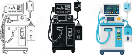 Set of medical ventilator icons including line art silhouette and color vector illustrations for healthcare and technology concepts