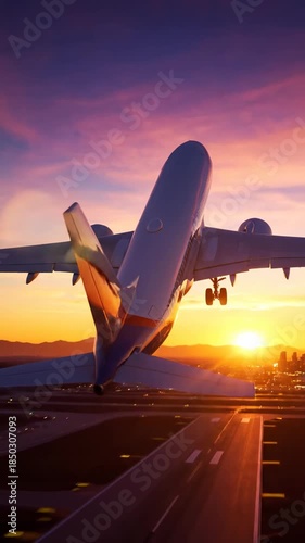 Airplane takes off at sunset from airport with orange sky in background