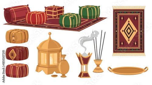 Collection of Islamic and Middle Eastern home decor items, including rugs, cushions, and incense burners