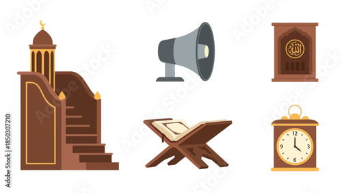 Collection of Islamic religious items including Quran, podium, clock and prayer niche