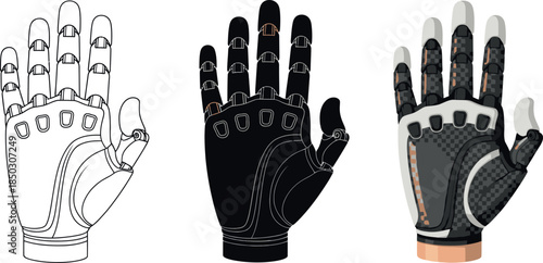 Collection of robotic prosthetic hands including line art silhouette and detailed illustration for medical and technology concepts