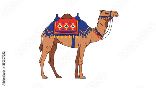 Illustration of a Camel with a Colorful Saddle on a White Background