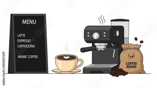 Aromatic coffee beans and machine brewing a delightful espresso, latte, and cappuccino on a menu board