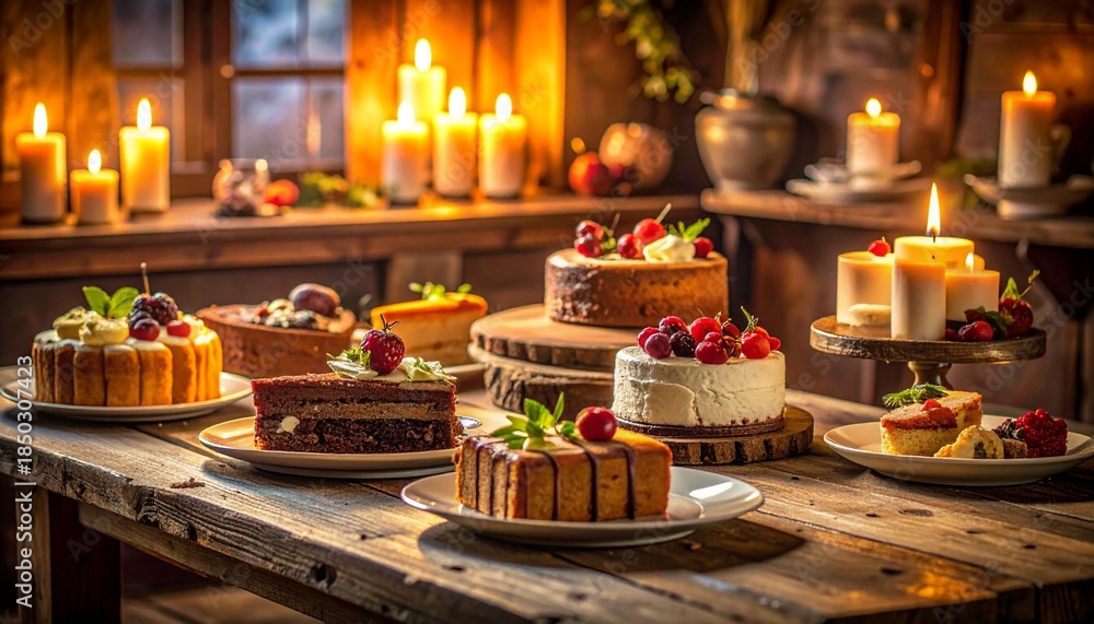 Fototapeta premium Rustic wooden table with assorted cakes—frosted layers, fruit toppings, caramel drizzles, candles, and lantern.